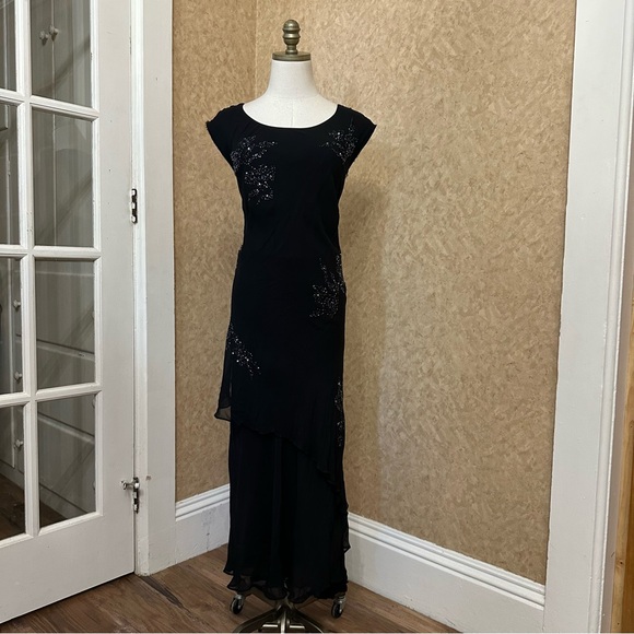 VTG Y2K 90s Black asymmetrical beaded maxi dress with Raw Hem sleeves - Picture 1 of 12